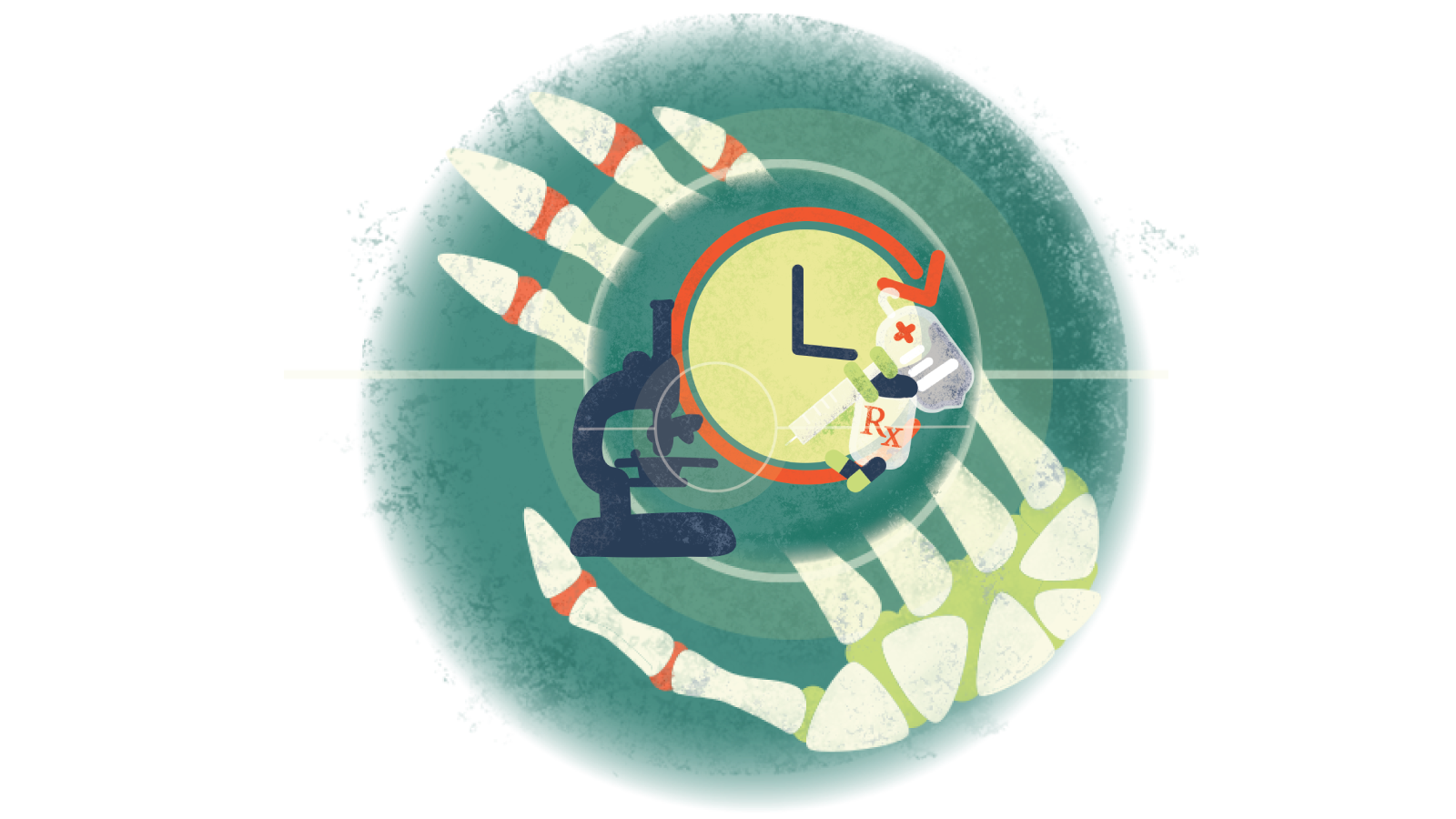 Illustration of pills, syringe, IV bag ove a clock and microscope over a skeletal hand with RA