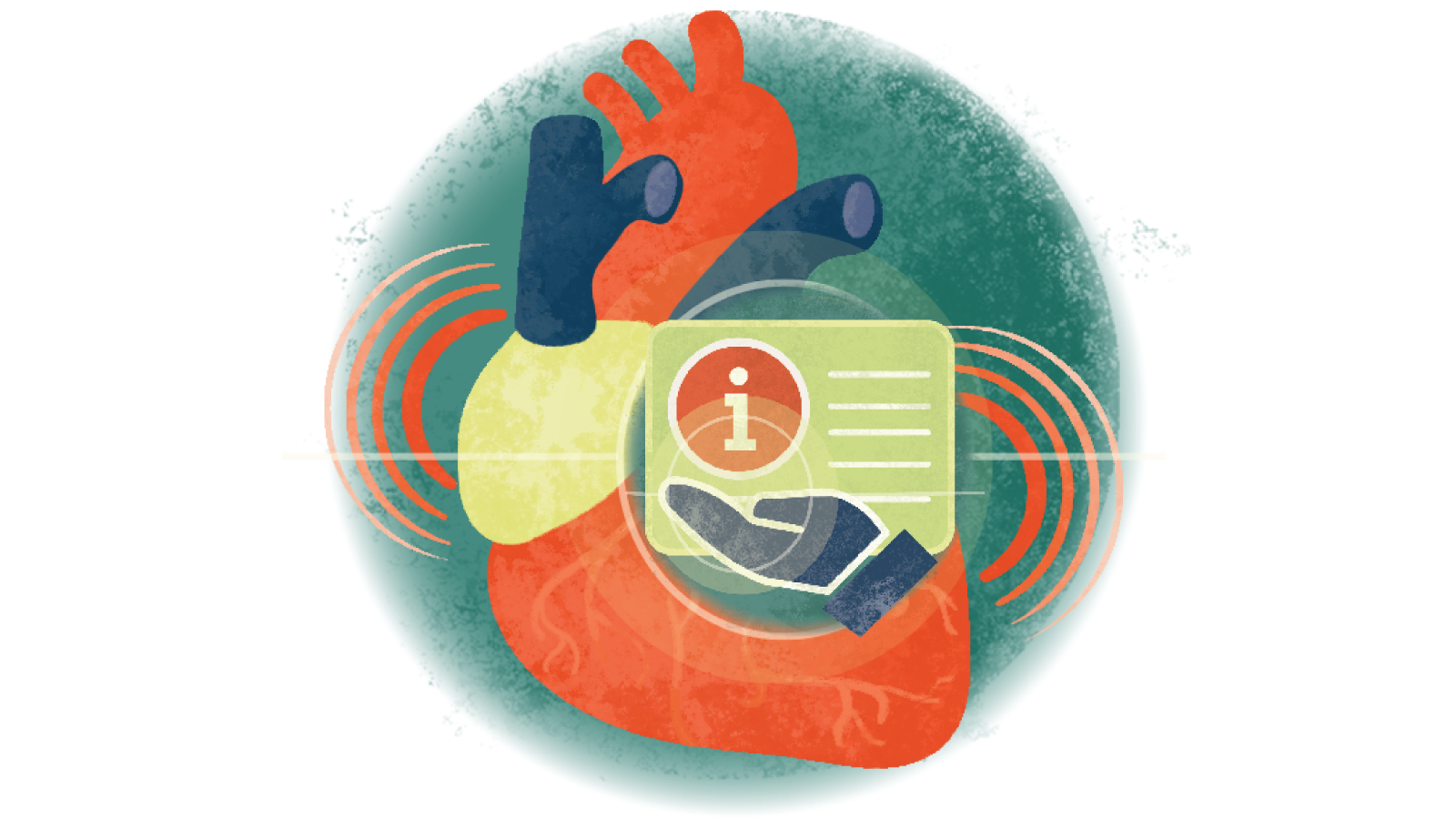 Illustration of the letter i over a hand over a heart with cardiomyopathy