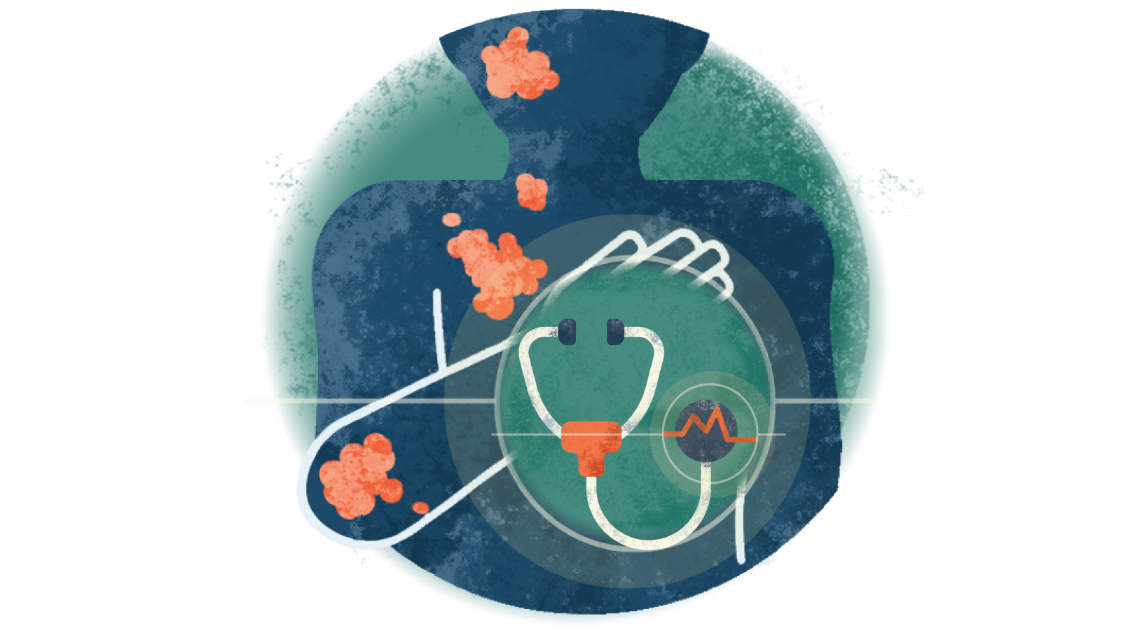 Illustration of a stethoscope with an electrocardiogram in a circle with atopic dermatitis falling down onto the hand