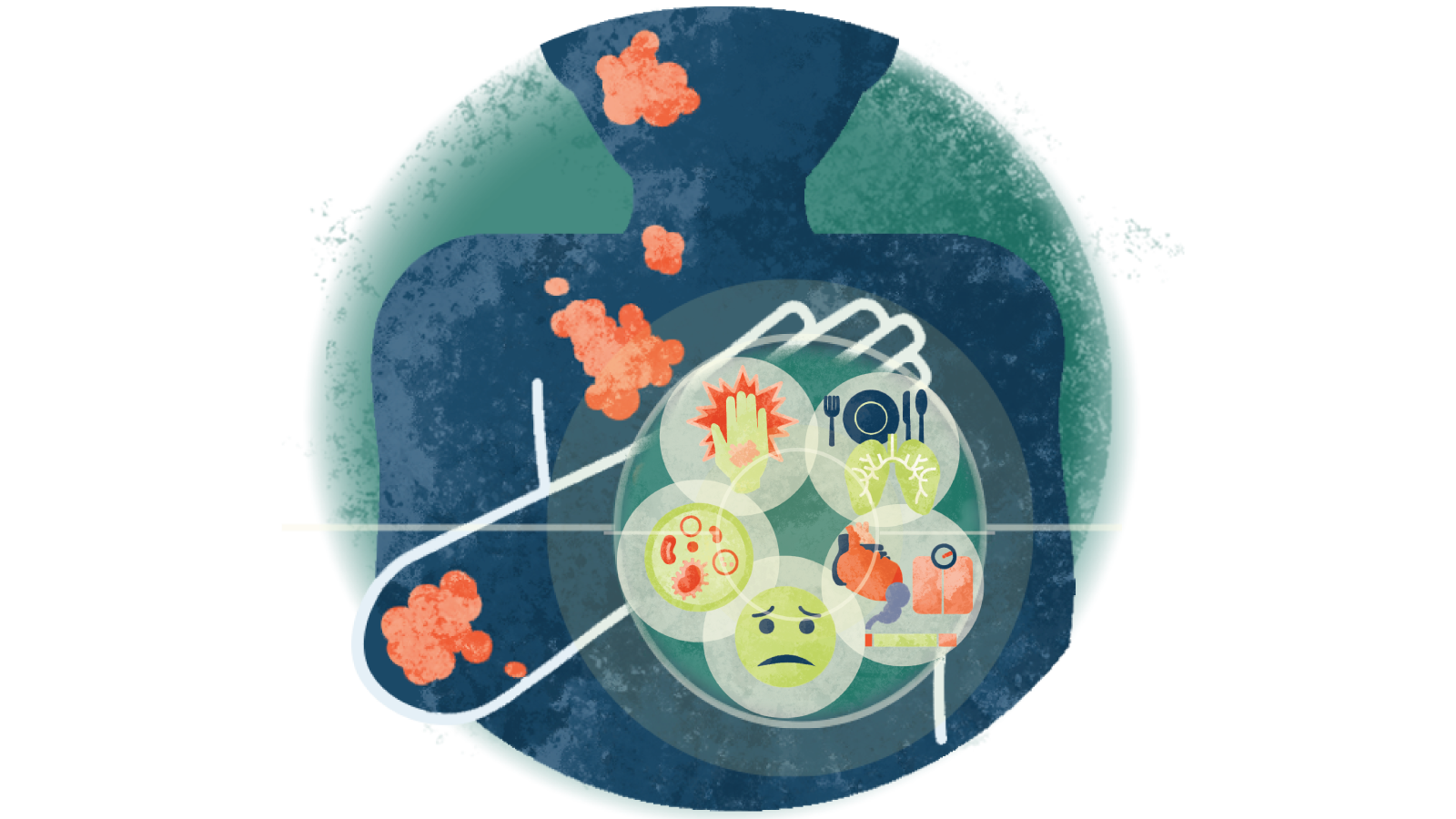 Illustration of five circles with different triggers for atopic dermatitis over an arm with atopic dermatitis falling down on