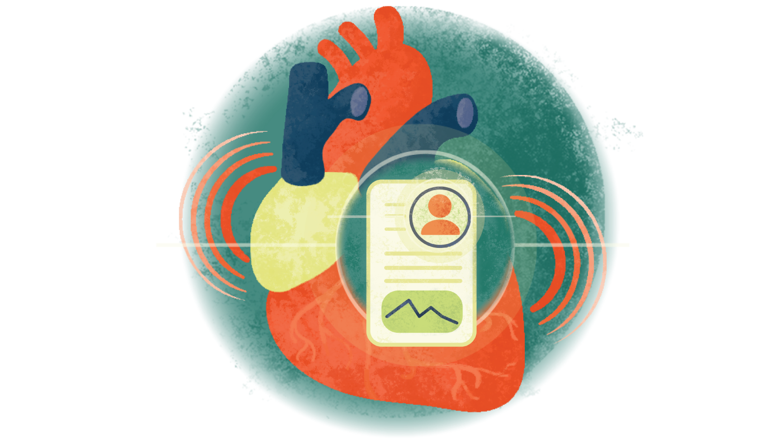 Illustration of a written case study over a heart in failure