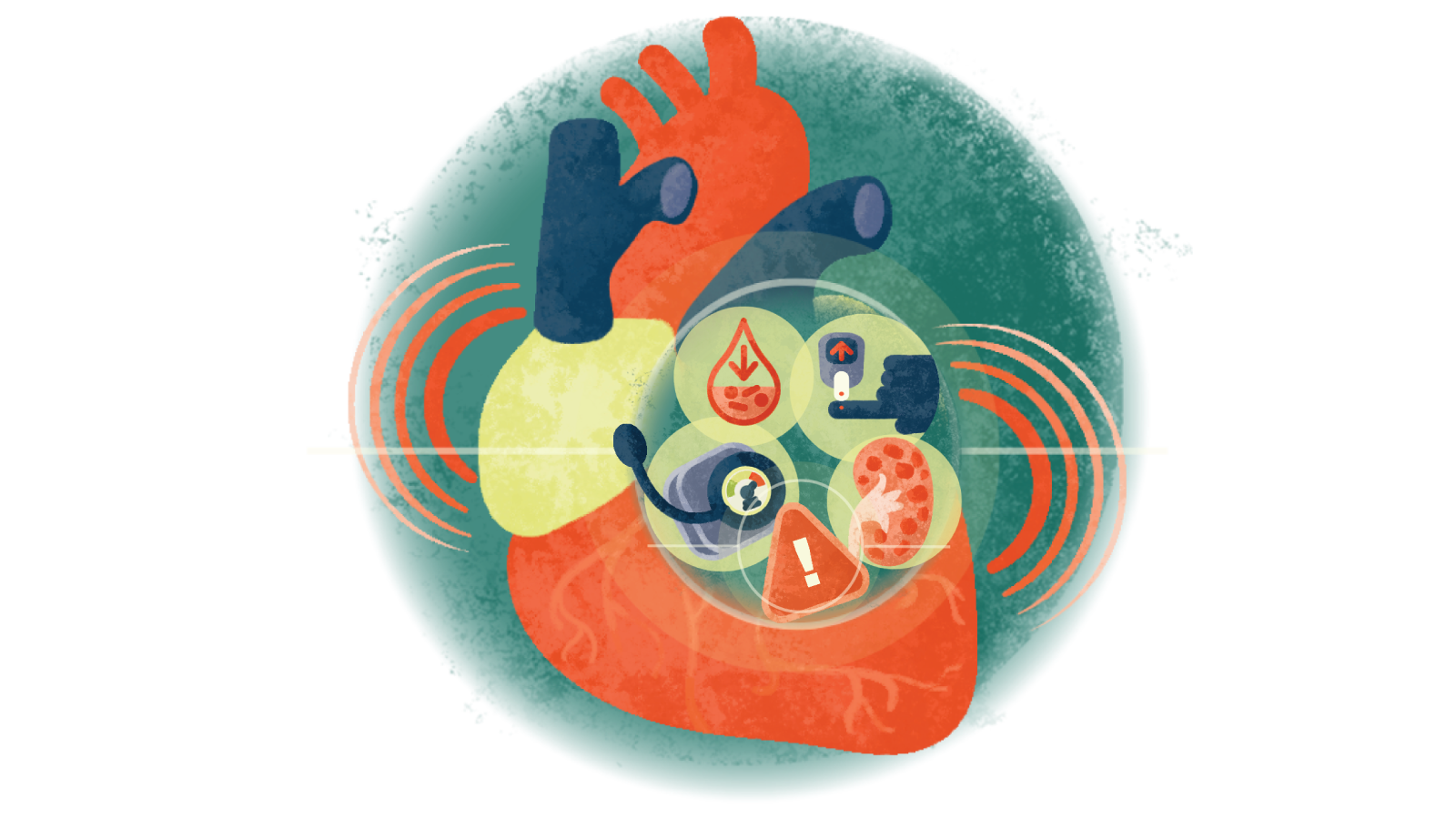 Illustration of different comorbidities over a heart in failure