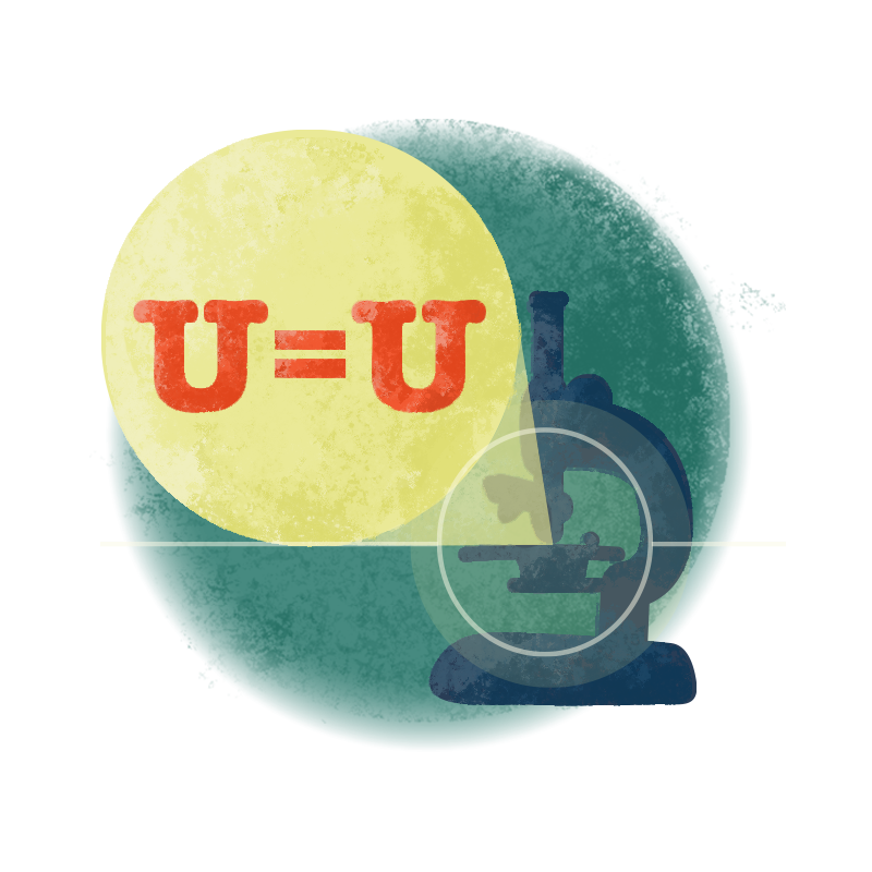 Illustration of the text U=U inside a circle next to a microscope