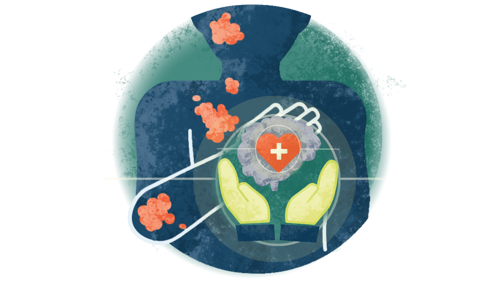 Illustration of open hands with a plus sign in a heart over an arm with atopic dermatitis falling down onto the arm