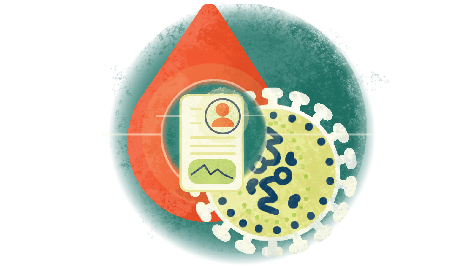 Illustration of a written case study over a blood droplet with HIV