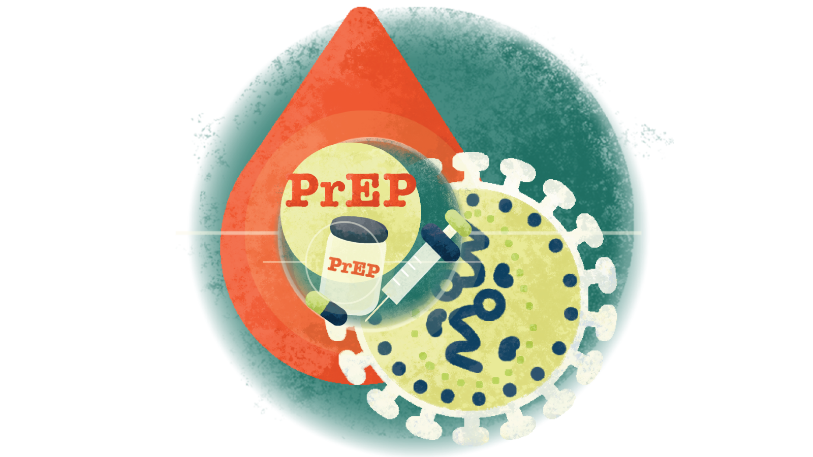 Illustration of a capsule, syringe and bottle with the letters PrEP over a blood droplet with HIV