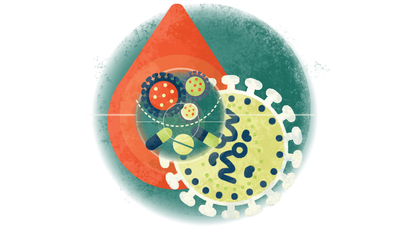 Illustration of different treatment options for HIV in a circle over a blood droplet with HIV