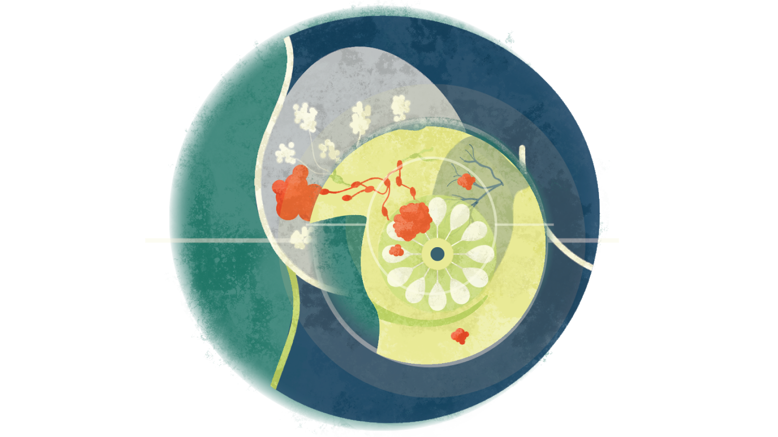 Illustration of later stages of breast cancer over a breast with cancer