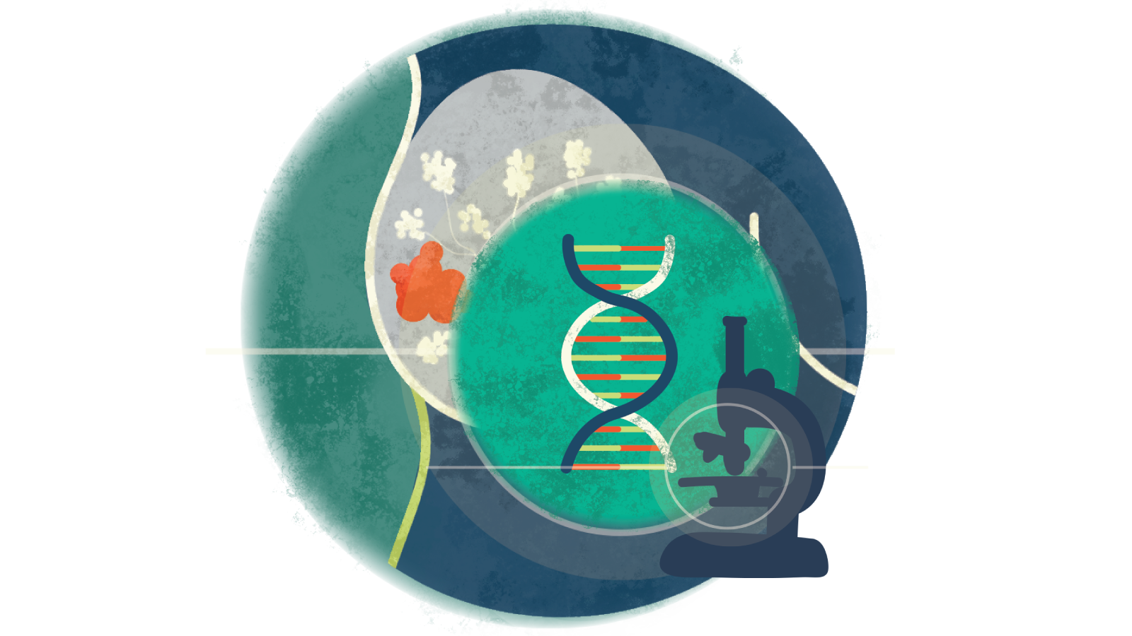 Illustration of a strand of DNA and microscope over a breast with cancer