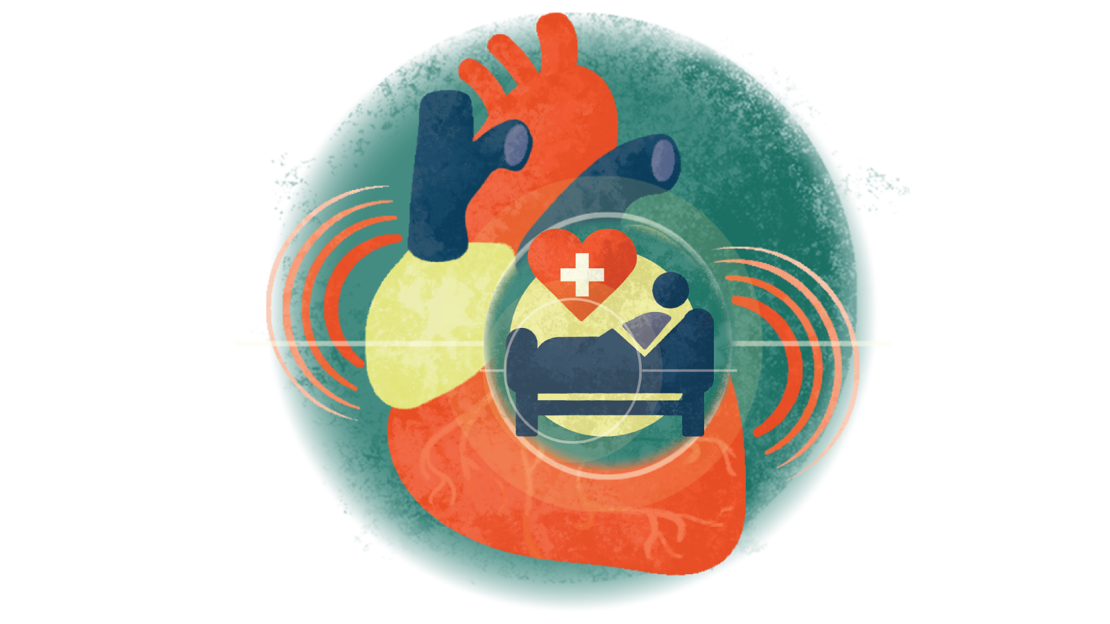 Illustration of a heart with a + sign with a patient in a hospital bed over a heart in failure