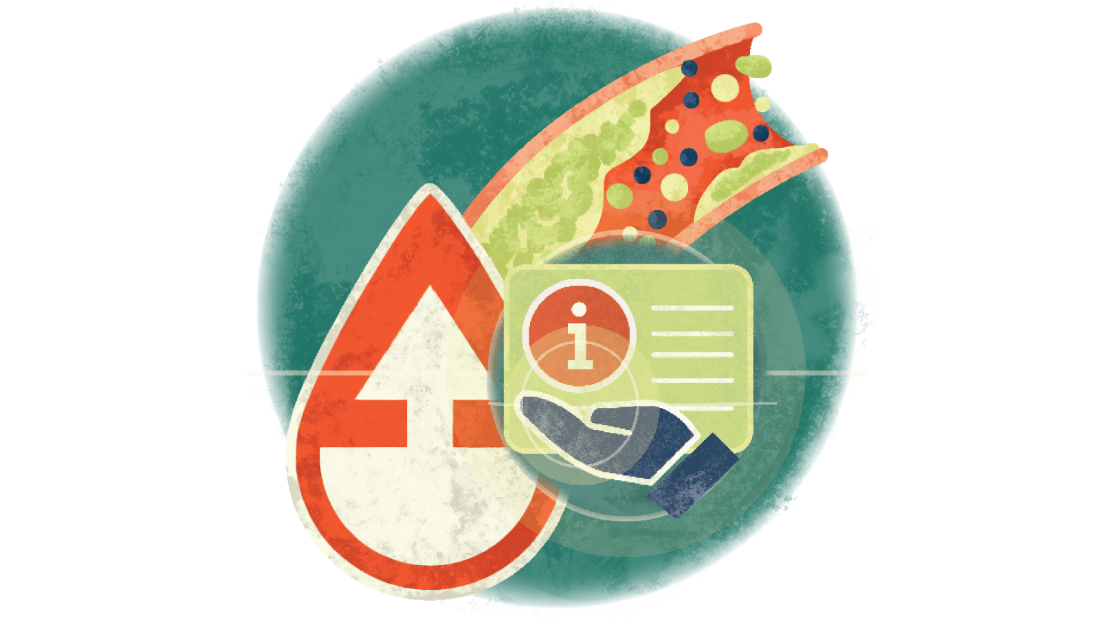 Illustration of the letter i on a piece of paper over a hand over a blood droplet with an upward arrow over cholesterol