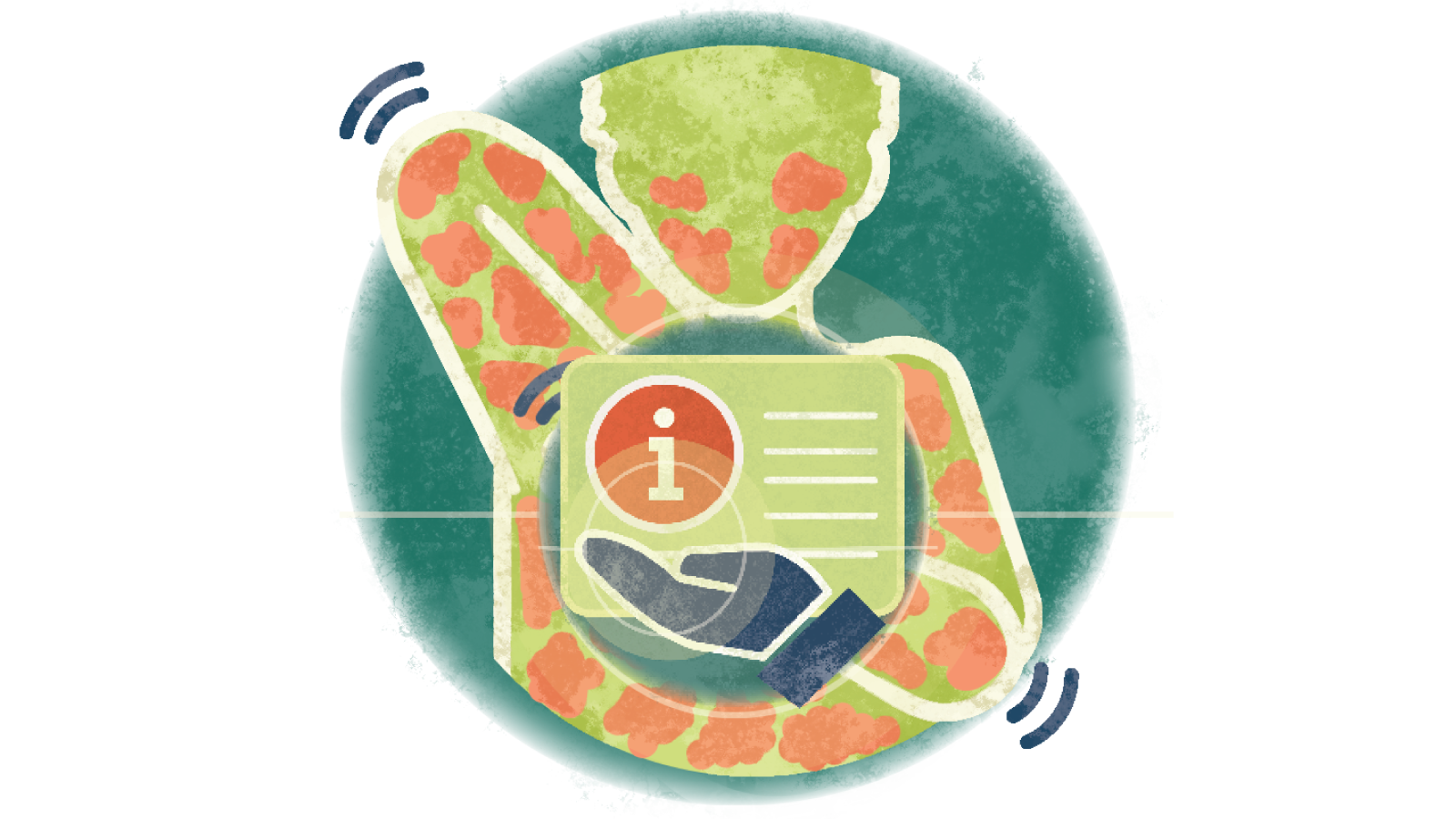 Illustration of the letter i on a piece of paper over a hand over a person itching the hives all over their body