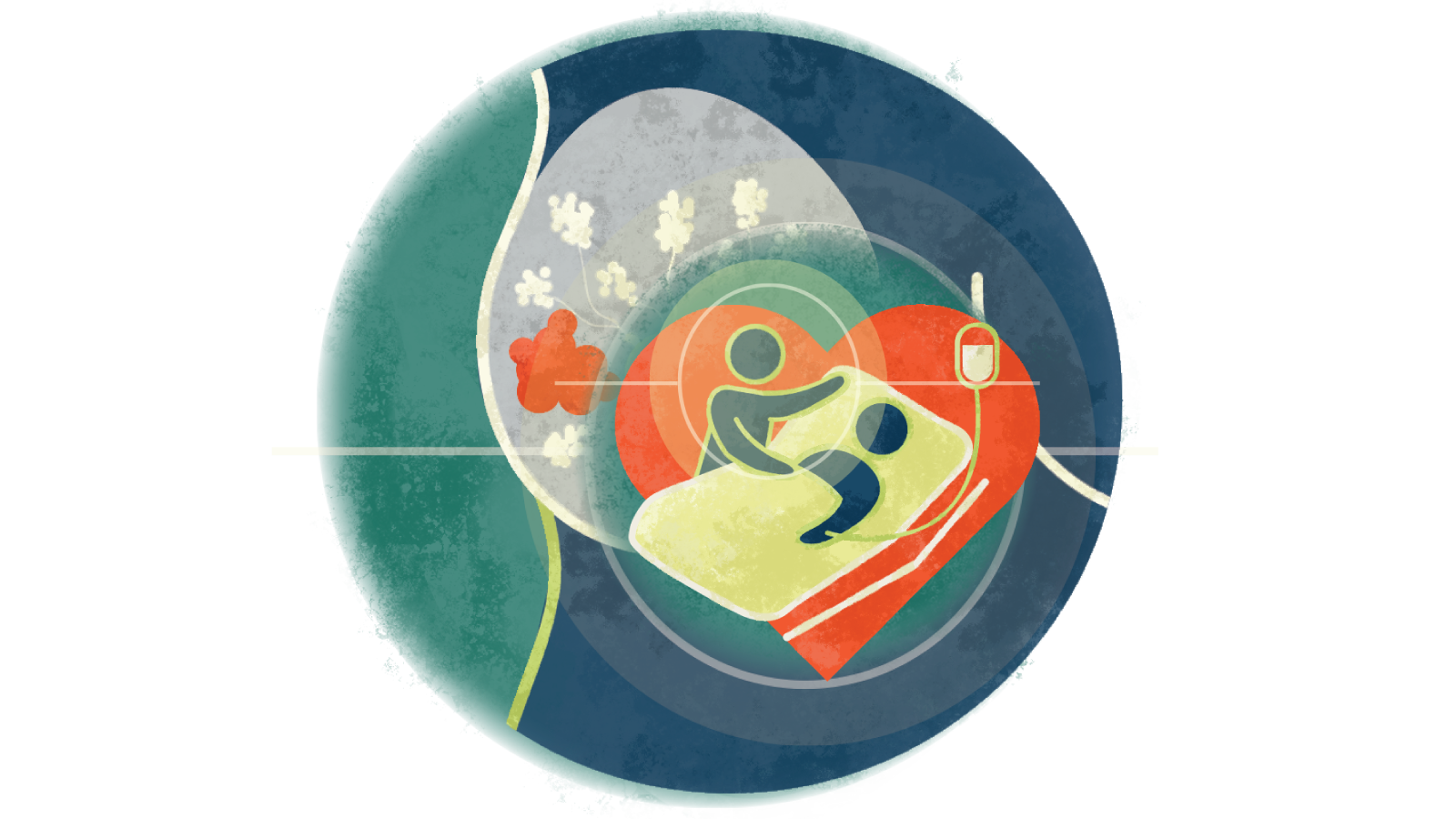 Illustration of a caregiver taking care of a patient with an IV in bed in a circle over a breast with cancer