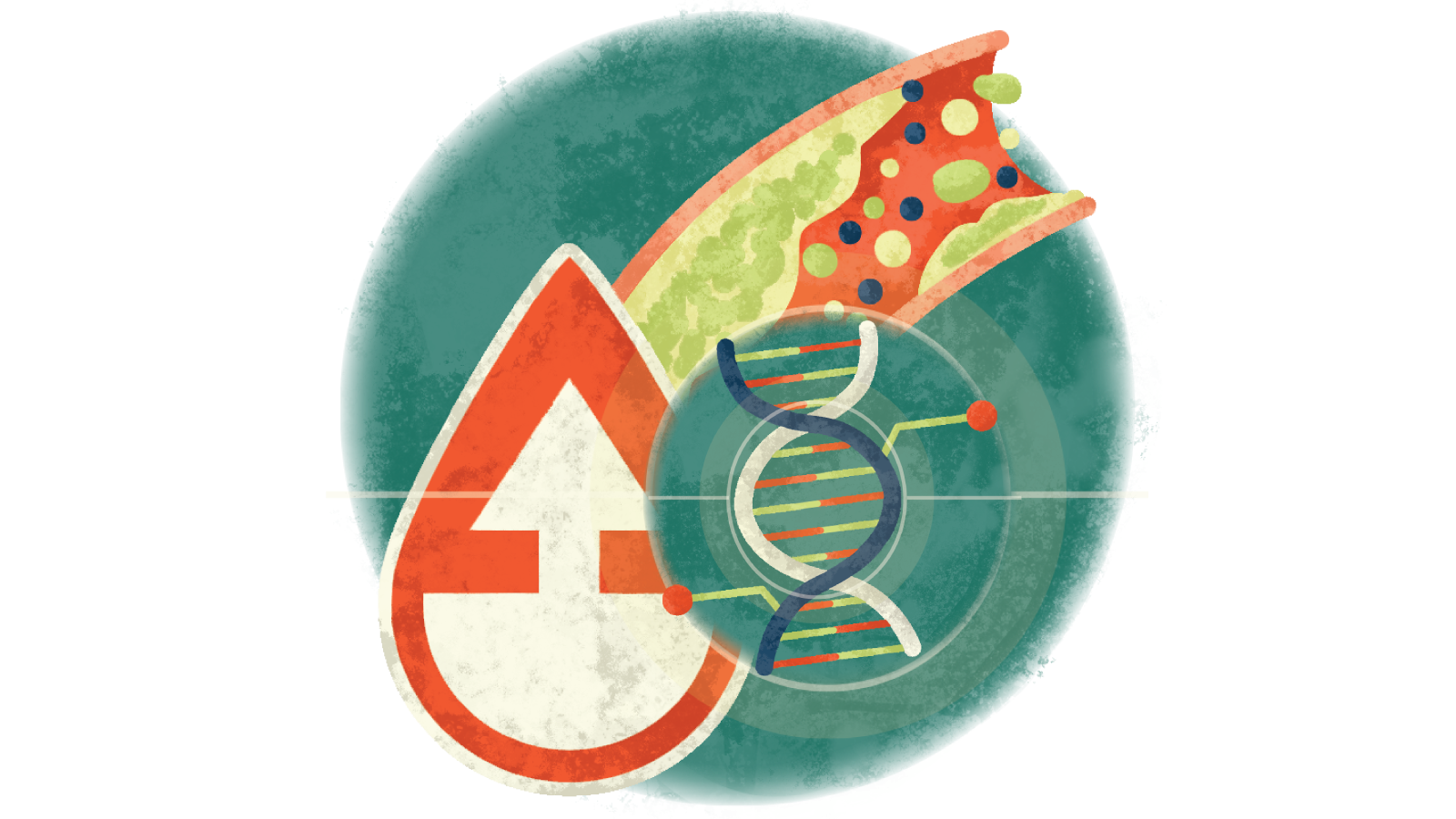Illustration of a DNA strand over a blood droplet with an upward arrow over cholesterol