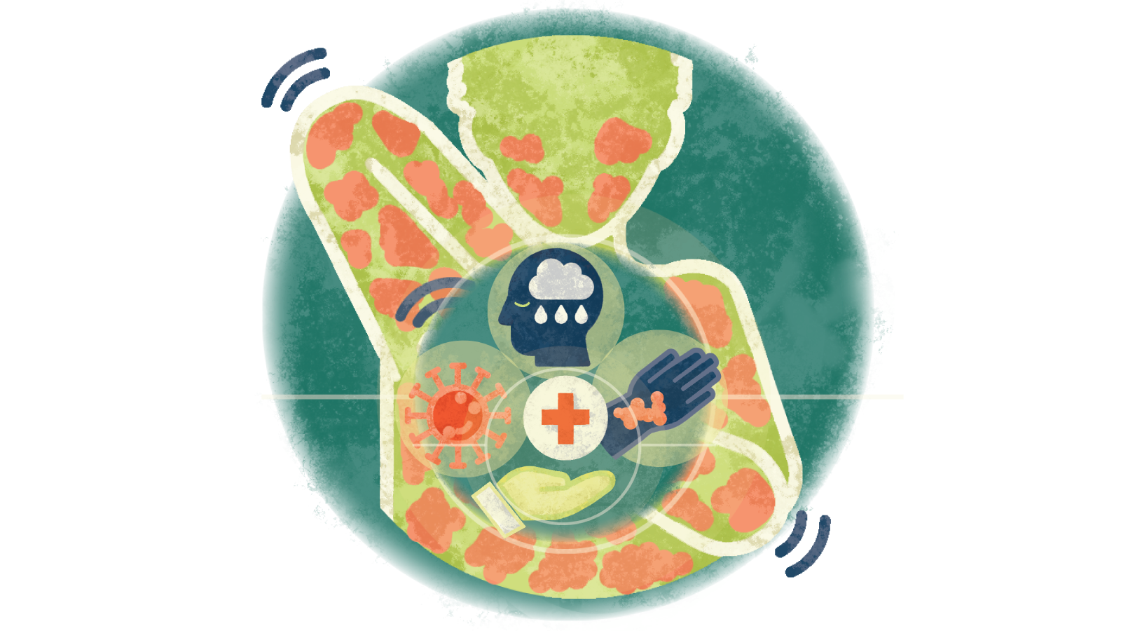 Illustration of comorbidities such as autoimmune disease, cancer, etc. over a person itching the hives all over their body