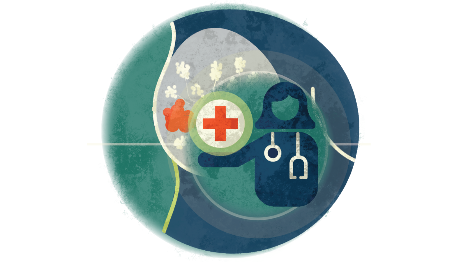 Illustration of a physician holding a red plus sign over her arm over a breast with cancer
