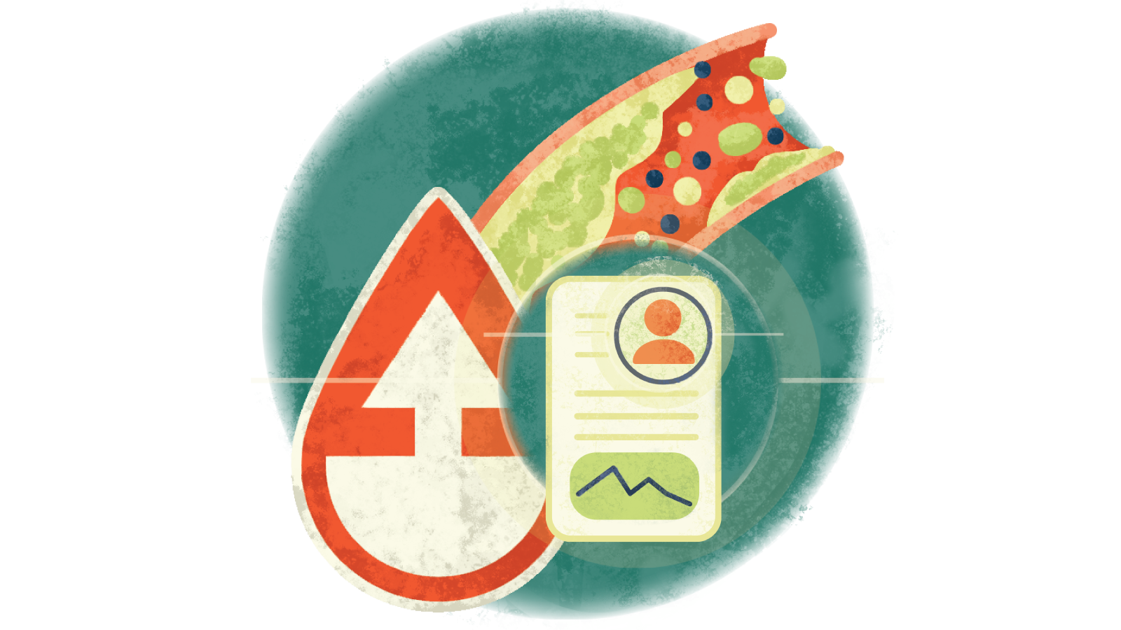 Illustration of a written case study over a blood droplet with an upward arrow over cholesterol