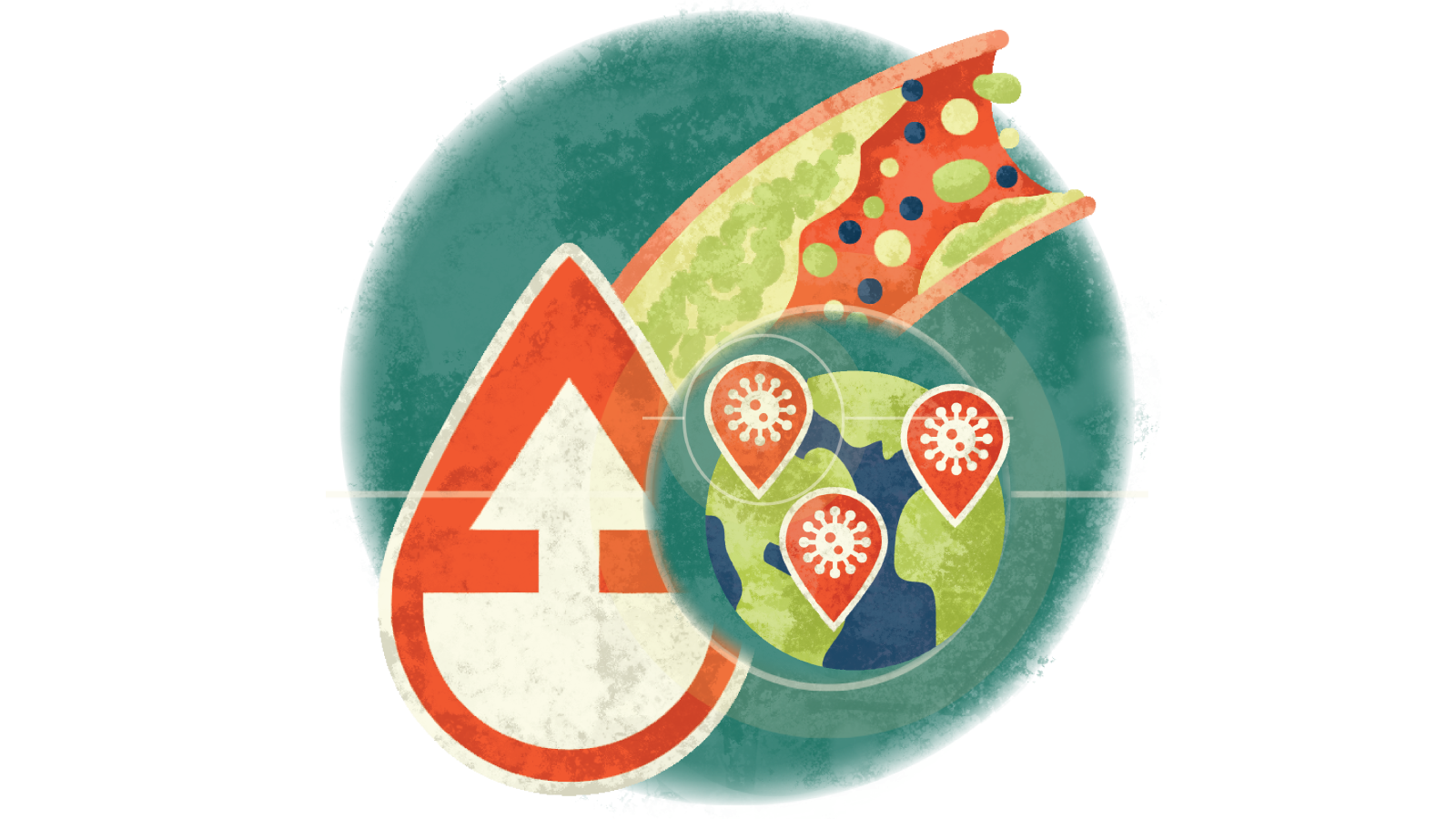 Illustration of infected blood droplets over Earth over a blood droplet with an upward arrow over cholesterol