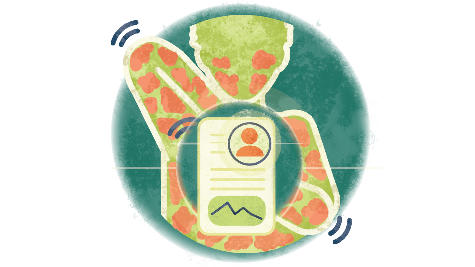 Illustration of a written case study over a person itching the hives all over their body