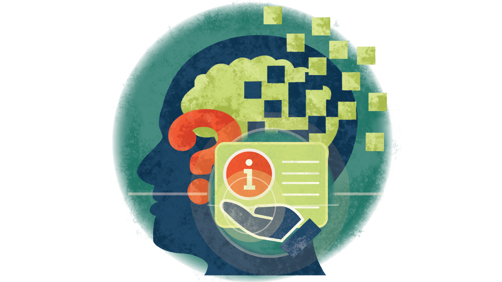 Illustration of the letter i over a hand over a question mark over a person's brain with Alzheimer's Disease