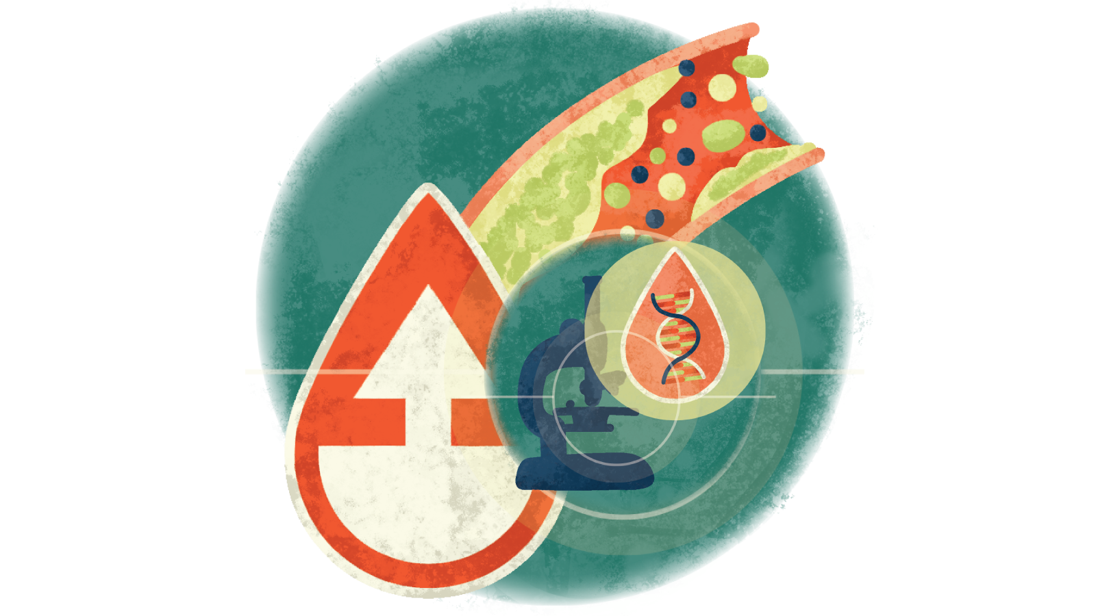 Illustration of infected blood droplets over Earth over a blood droplet with an upward arrow over cholesterol