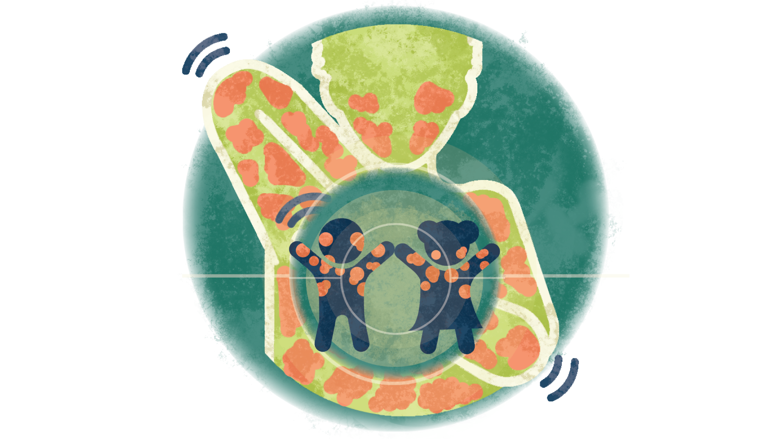 Illustration of a boy and girl with hives in a circle over a person itching the hives all over their body