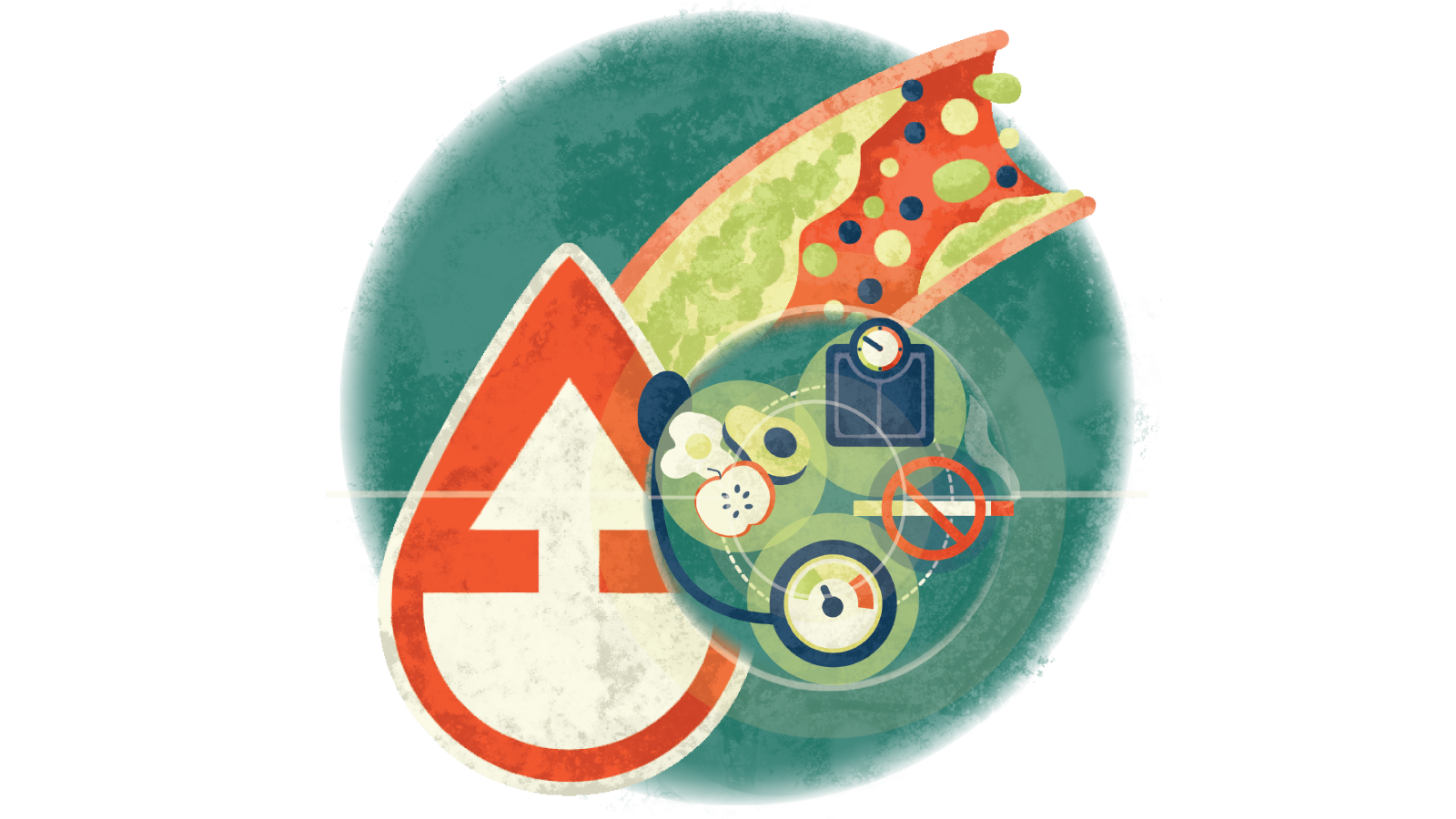 Illustration of no smoking symbol, healthy food, etc over a blood droplet with an upward arrow over cholesterol