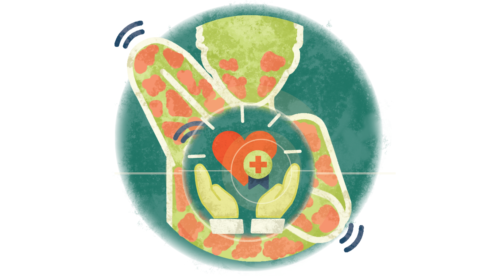 Illustration of a plus sign and heart over hands with palms open over a person itching the hives all over their body