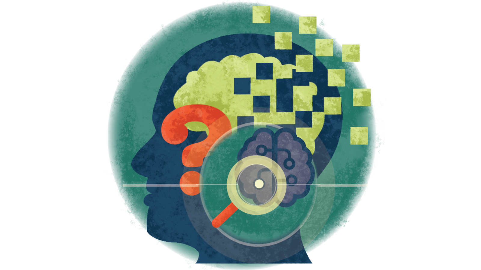 Illustration of a magnifying glass looking at a brain over a question mark over a person's brain with Alzheimer's Disease