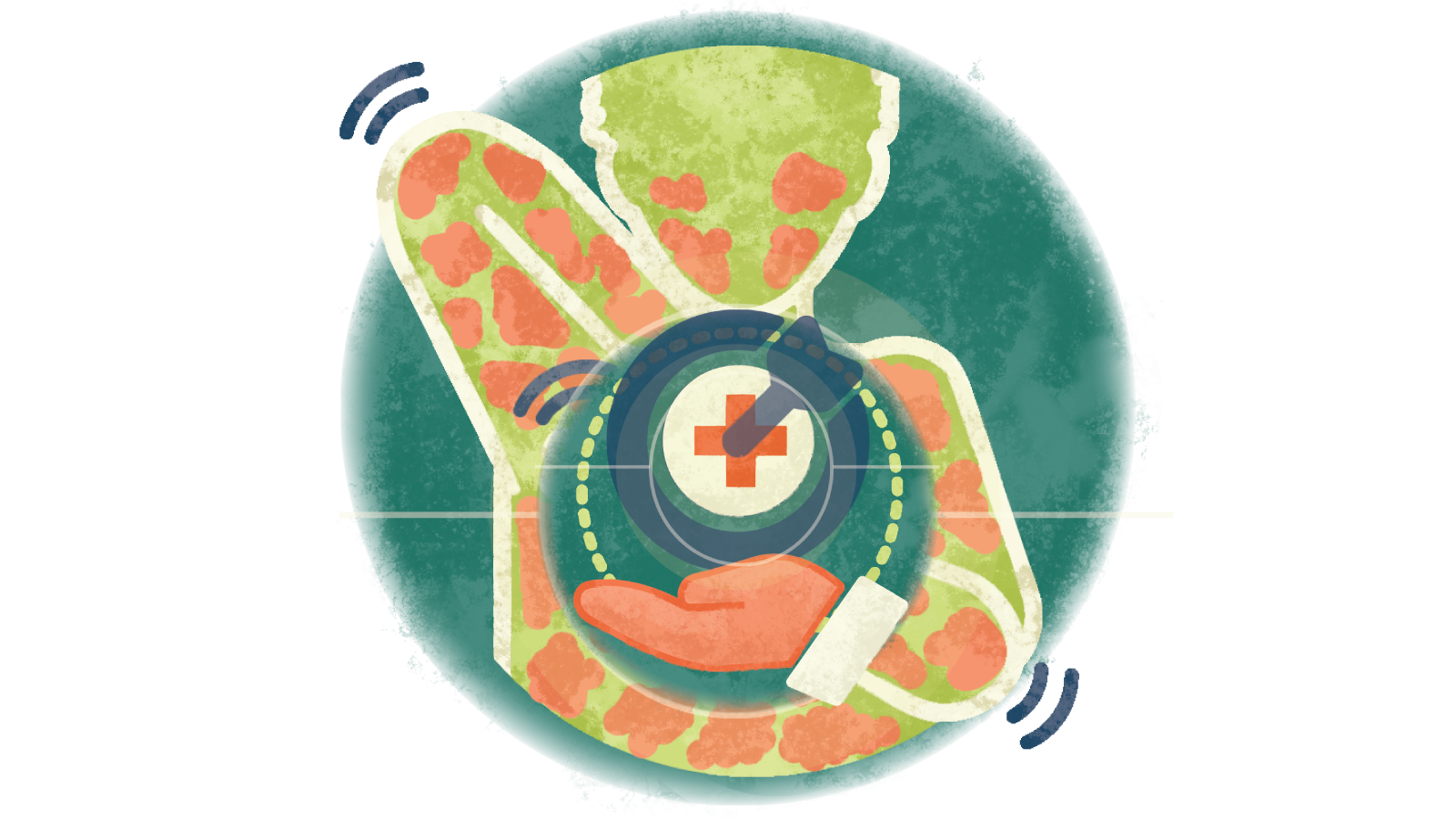 Illustration of an arrow in the middle of a medical red cross over hands with palms open over a person itching the hives all 