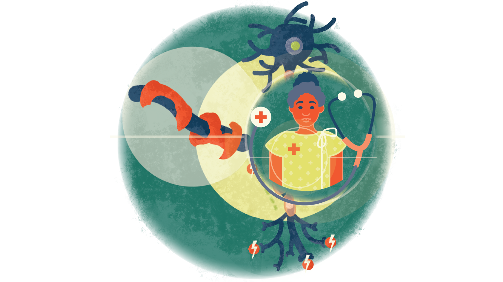 Illustration of a black male with a stethoscope and medical red cross sign over multiple sclerosis
