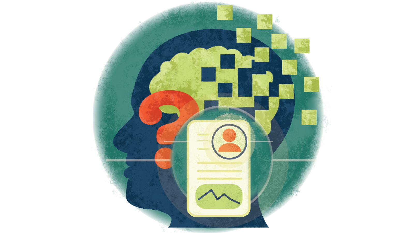 Illustration of written case study over a person's brain with Alzheimer's Disease