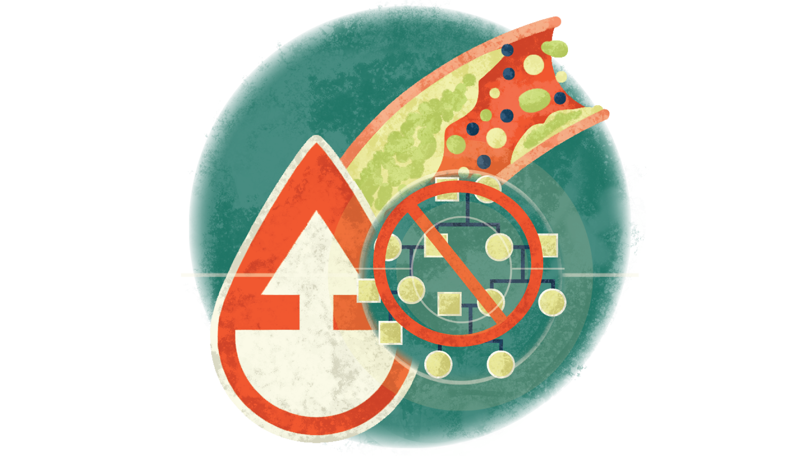 Illustration of a red slash over non-familial hypercholesterolemia over a blood droplet with an upward arrow over cholesterol