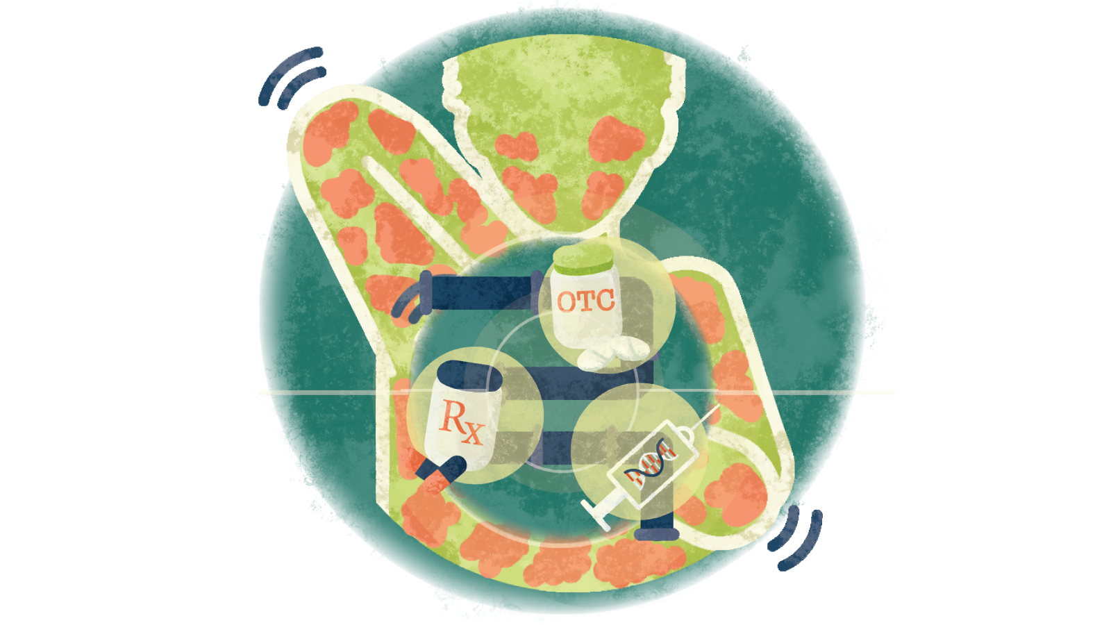 Illustration of different treatment options for hives over a person itching the hives all over their body