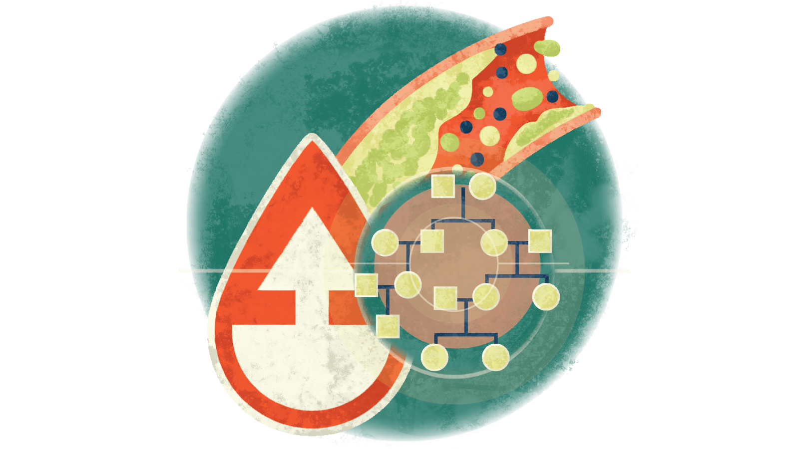 Illustration of familial info over a blood droplet with an upward arrow over cholesterol