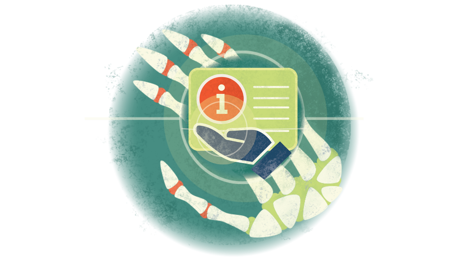 Illustration of a hand holding the letter i over a skeletal hand with RA